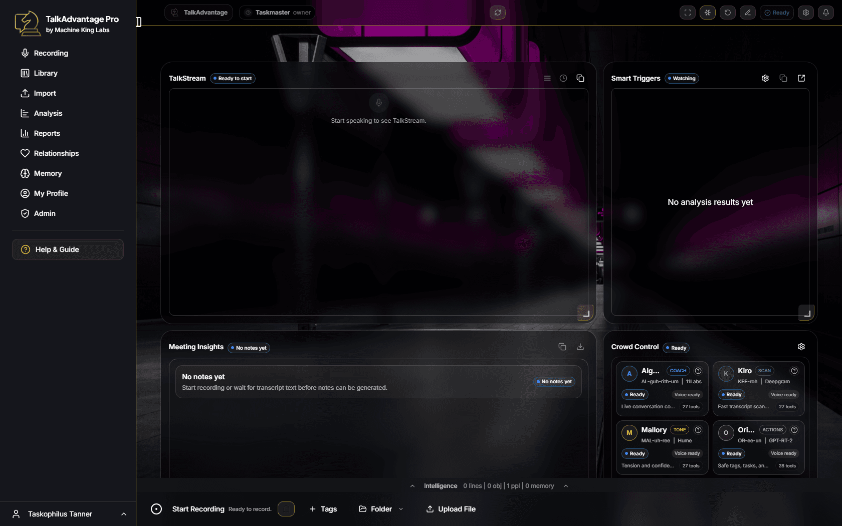 TalkAdvantage Pro recording canvas with live AI widgets